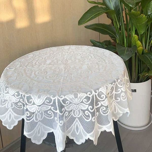 All-season small round table white lace tablecloth with jacquard design for coffee table microwave and bedside table decoration S260227