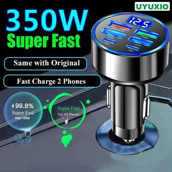 For UYUXIO 6 in 1 Super Fast Charge USB C Car Charger Adapter Multi Port with Voltage Display for Samsung iPhone 16 15 14 Pro Max X260228