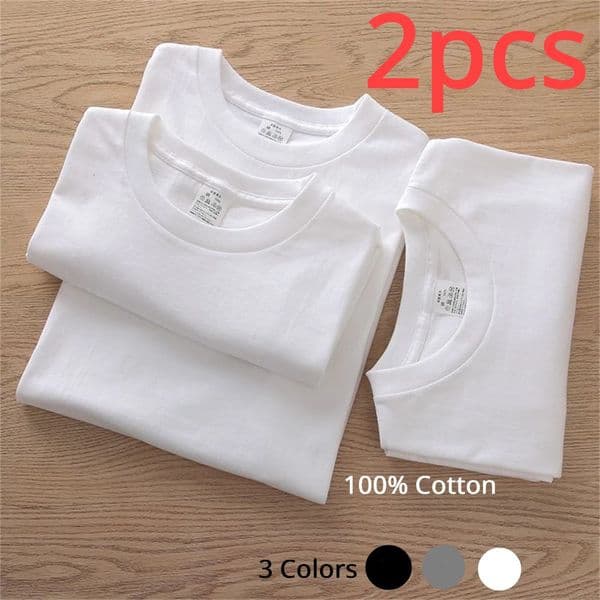 2PCS 100 Cotton Solid T Shirts Mens and Womens Short Sleeve White Tees Casual Breathable Loose Round Neck T-shirt Couple Tops 260226