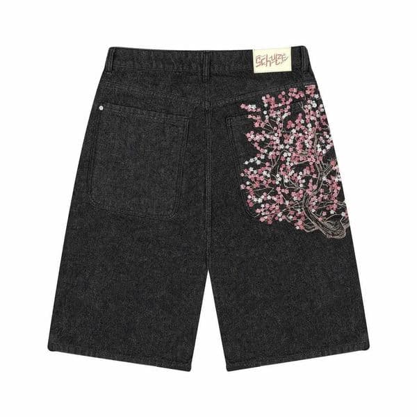 Gothic Cherry Blossom Embroidery Denim Shorts Y2K Mens Womens Hip Hop Retro Black Baggy Shorts Low Waist Over The Knee Pants Z260228