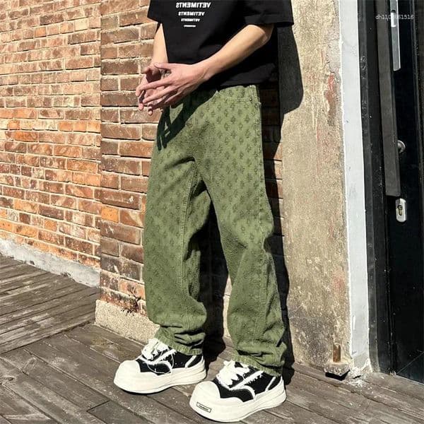 Men's Jeans Multiple Colors Y2k Fashion Baggy Washed Stretch Loose Denim Trousers Streetwear Jacquard Pattern Wide Pants