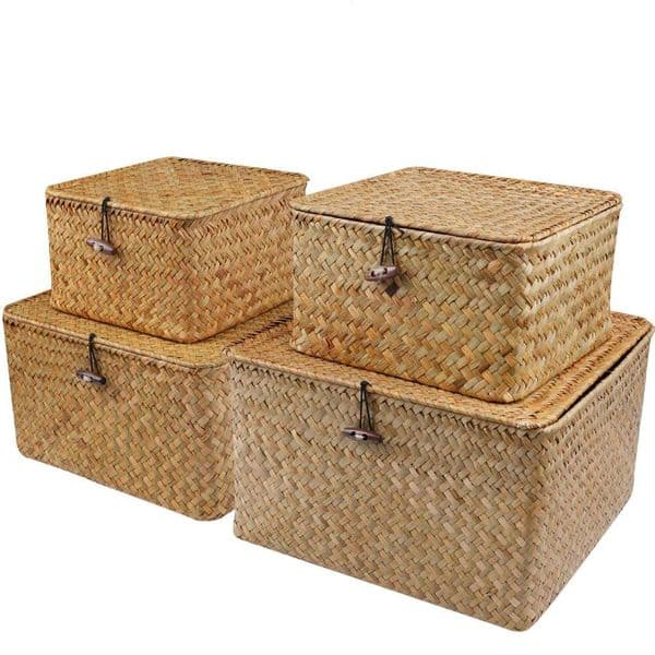 Set of 4 Seagrass with Lid Wicker Basket Decor Boxes Flat Storage Bins Woven Organizer Baskets for Shelf 26Y0228