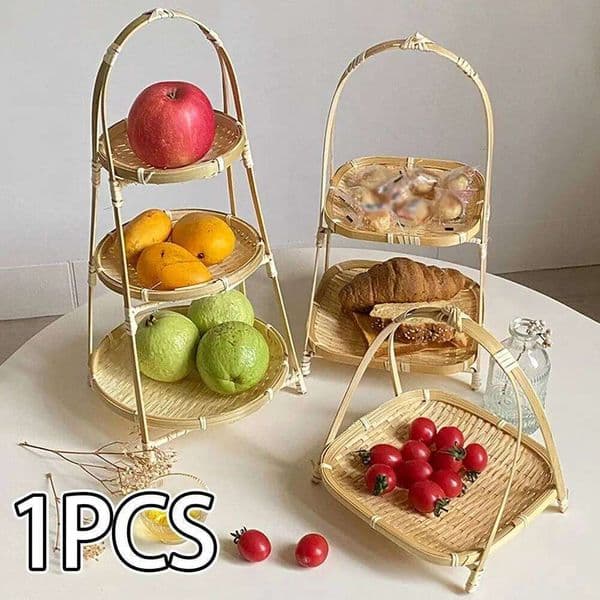 1/2/3 Layer Handwoven Fruit Food Decorative Standing Serving Tray Bamboo Storage Basket for Kitchen 26Y0228