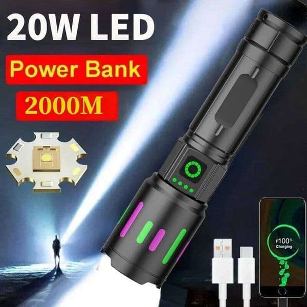 High Power Rechargeable LED Flashlight Long Range 2000M Zoom Torch Light with Luminous Strips for Outdoor Camping Z260228
