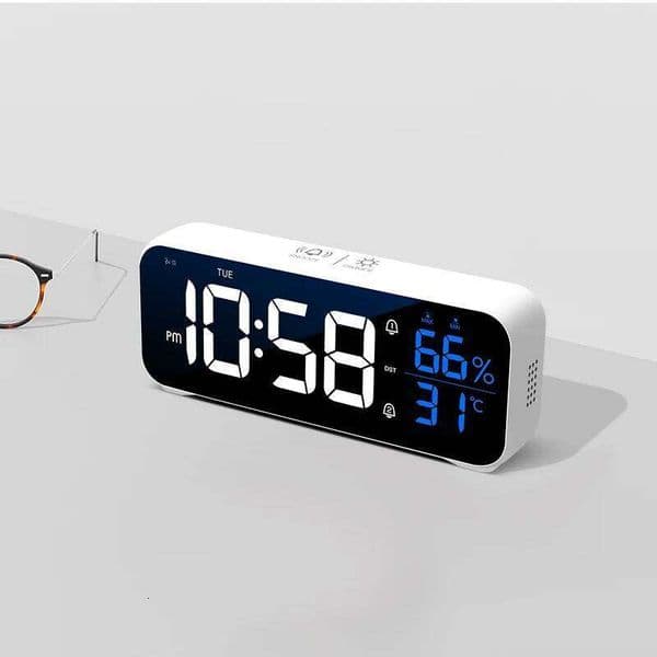 Digital Alarm Table Electronic Clock with Temperature Humidity Weekday & Dual Alarms Ringtones Rechargeable 26W0228