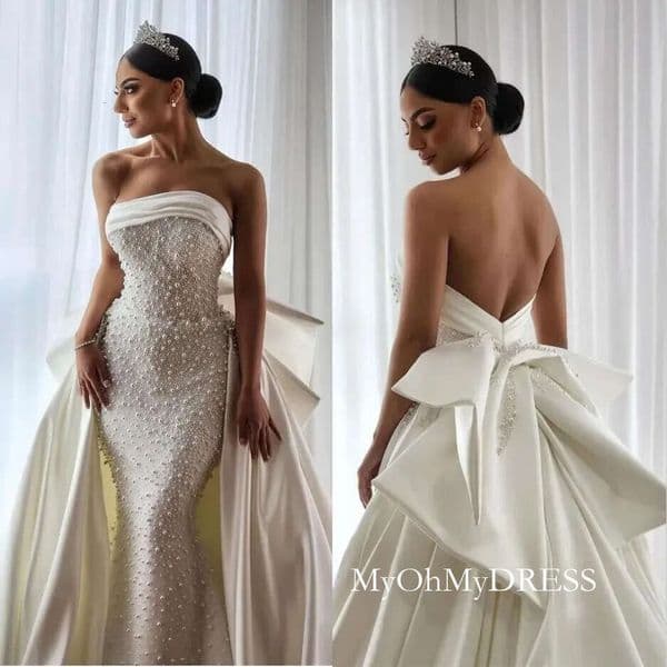 Mermaid Wedding Dresses Bridal Gown With Overskirt Pearls Beaded Strapless Bow Ruffles Sweep Train Tulle Custom Made Country Plus Size Vestido De Novia D0213
