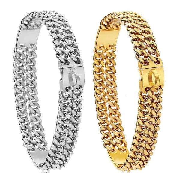 Strong Double Chain 2 Row Gold Cuban Link Stainless Steel Dog Training Pet Metal Collar For Medium Large Dogs C260228
