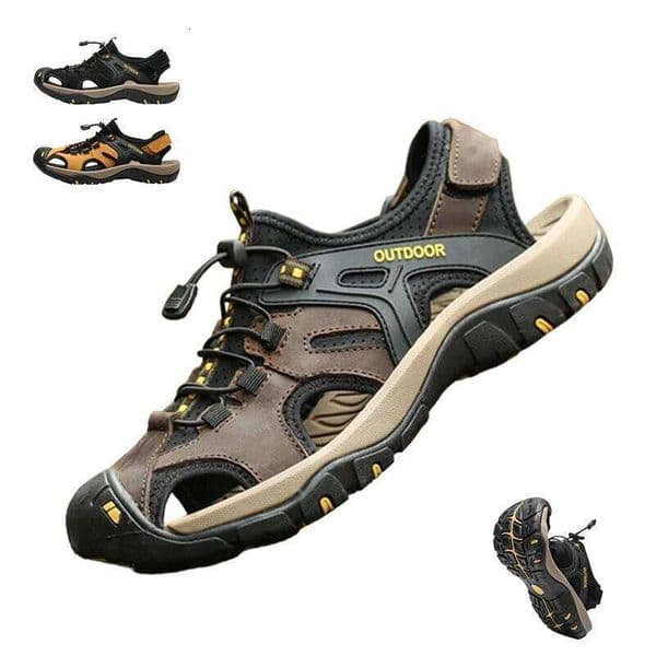 Men's Sandals Top Cowhide Upper Hollow Out Round Toe Outdoor Walking Non Slip Durable Summer Beach Shoes Adjustable Buckle
