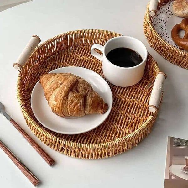 Food Plate Handwoven Plastic Storage Tray Round Shape Fruit Vegetable Cake Wicker Rattan Threads Basket With Handle 26Y0228