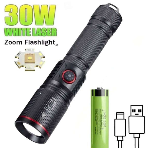 Powerful 30W White Laser Zoom Flashlight Use 18650 or 21700 Battery Rechargeable Torch Outdoor Hunting Emergency Lighting Lamp Z260228