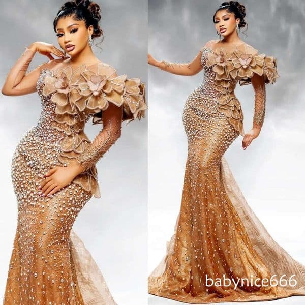 Mermaid Gold Prom Dresses Flowers Crystals Pearls Full Sleeves Evening Formal Party Second Birthday Engagement Gowns Plus Size O17