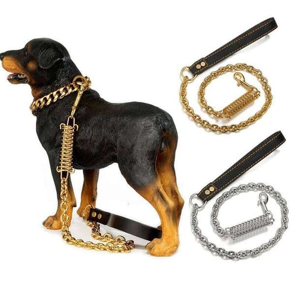 Gold Stainless Steel Dog Traction Rope with Buffer Spring Explosion-proof Pet Chain Leash for Large Dogs Pitbull Doberman Bully C260228