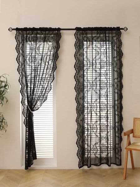 Sheer Curtains Black Lace Wave Flower Curtains 78 inch Living Room Bedroom Decorative Curtains Party Wedding Holiday Curtains S260227