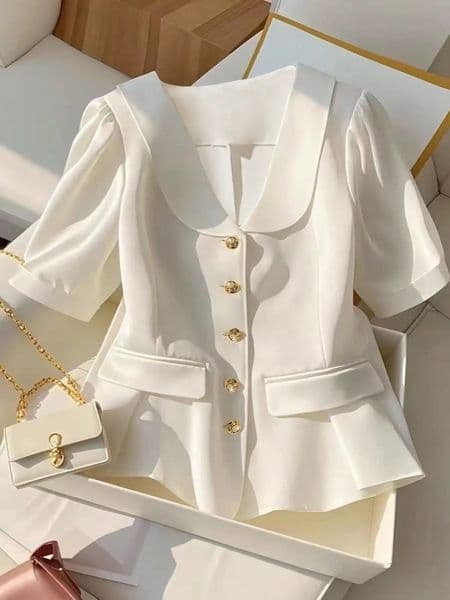 Elegant Cute Peter Pan Collar Solid Color Puff Sleeve Ruffle Hem Metal Button Women Blouse shirt shirts for women 260601