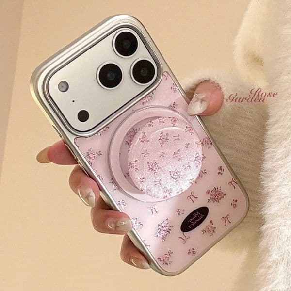 Full Screen Korean Flowers Silver Edge Plating Magnetic Bracket Phone Case For iPhone 17 16 15 14 13 12 Pro Max Shockproof Cover Z260601