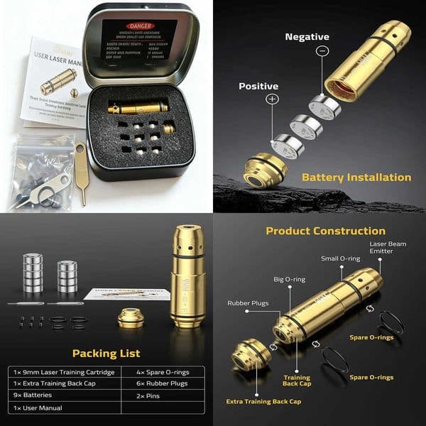 9mm Laser Training Cartridge with Batteries for Dry Fire Training Including Extra Training Back Cap Rubber Plugs and Spare O-Rin X260529