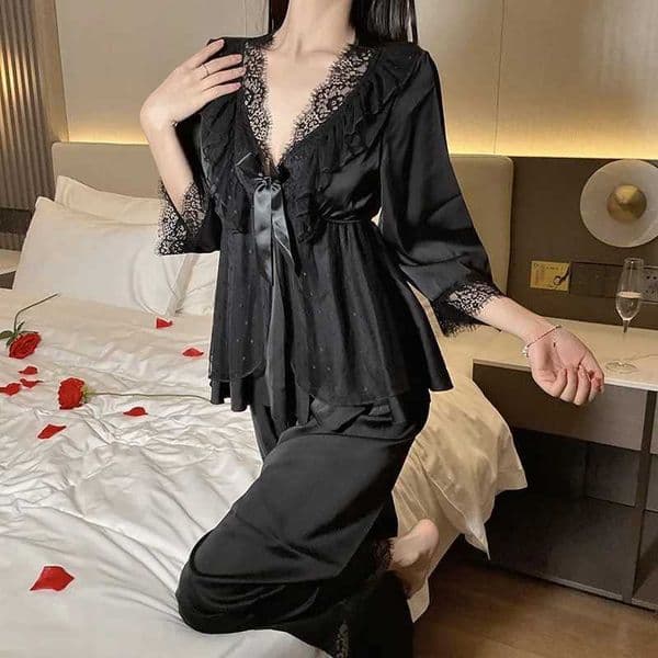 Womens Sexy Satin Pajama Set Solid V-Neck Lace Trim Bow Decor Top And Pants Breathable Fabric For Adults Lingerie Sleepwear Pjs L260525