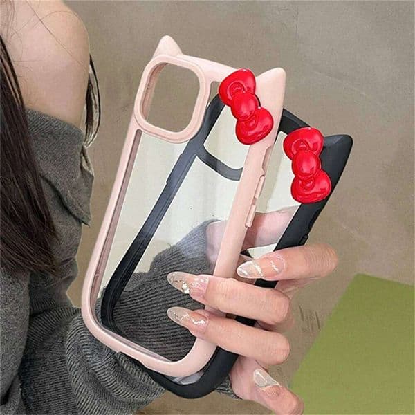 Kawaii 3D Bowknot Cats Ear Clear Case For iPhone 16 14 13 11 12 Pro Max 15 Plus X XR XS Korean Cute Girl Silicone Cover