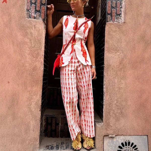 Summer Women Cartoon Red Fish Print O Neck Tank Top And Straight Female Long Pants Short Sleeve Shirt Wide Leg Pant 2 Piece Sets 260530