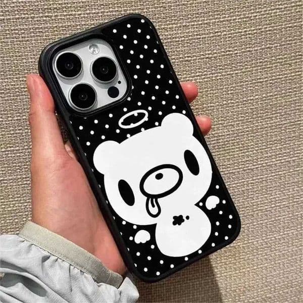 For iPhone Case Air 11 12 13 14 15 16 17 Pro Max Cute Angel Bear Polka Dot Black Soft Shockproof Protective Phone Back Cover Z260601