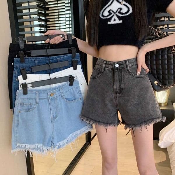 Summer New Denim Shorts For Women, Korean Style, High-Waisted, Loose-Fitting, Slimming, Frayed Edges, Straight-Cut, Versatile Wide-Leg Hot Pants Wholesale 0Cd