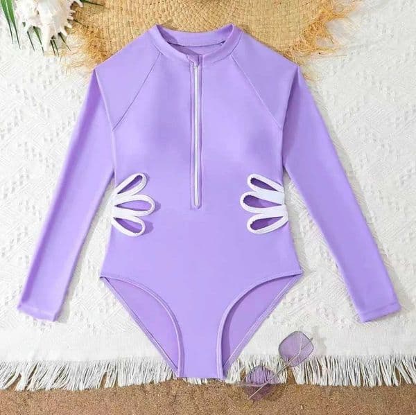Teenages Girls Purple One Piece Swimsuit 7-12 Years Long Sleeve Childrens Swimwear 2026 Teens Bathing Surf Suits Kids BeachwearT260601