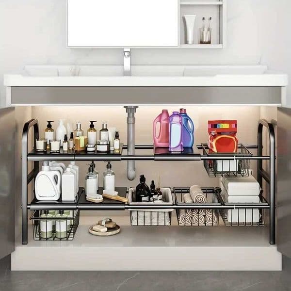 Set Multi-Use 1 Kitchen Under Bathroom Sink Organizers - Expandable Cabinet Shelf Organizer Storage RackL2606011OJY