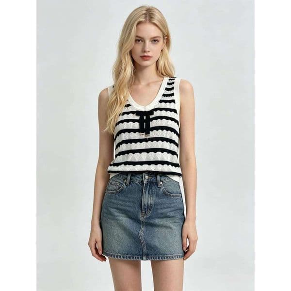 Designer White Knit Tank Top, Women Sleeveless with Navy Stripes, Black Bow and Openwork Pattern, Casual Knitwear Split Hem Fashion