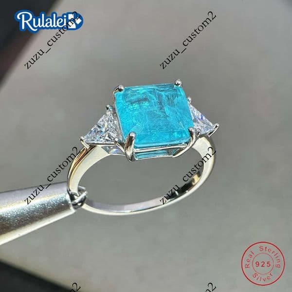 Rulalei Elegant 3 Stone Paraiba Blue CZ Ring Princess Emerald with Triangle Cut Side Stones Genuine 100% 925 Sterling Silver Wedding Band for Women Daily Wear