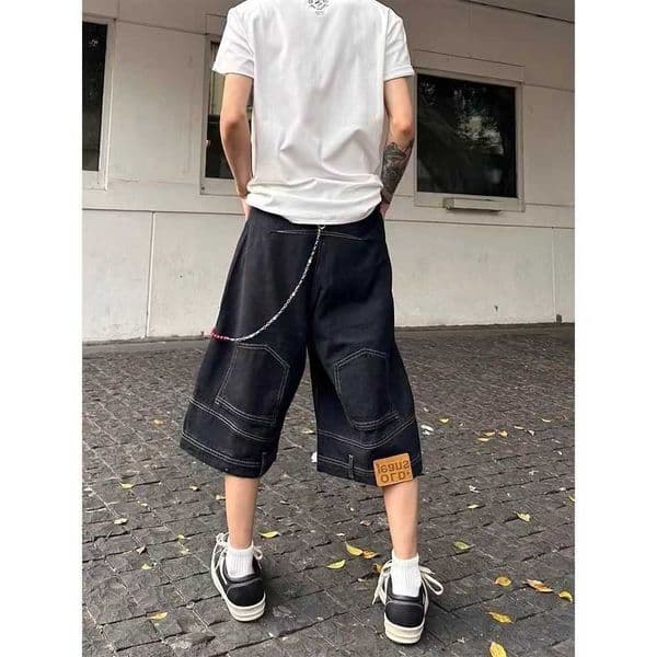 Hip Hop Retro Waist Inverted Design Men Denim Shorts Instagram Gothic Street Apparel Loose Straight Leg Pants Sports Pants L260601