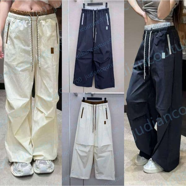 Double waistband Pants womens designer Color blocking Wide Leg Pants Brand Embroidered Logo Drawstring hem design Zipper Pockets Lightweight Joggers