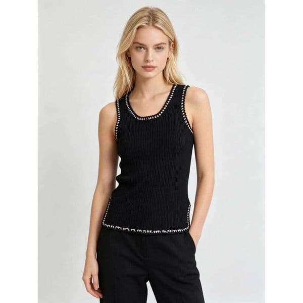 Designer Black Ribbed Tank Top, Women U-Neck Sleeveless Vest with White Trim, Casual Knitwear for Summer Long Sleeve Elegant
