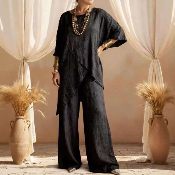 New European and American style summer casual solid color cotton-linen short-sleeve long-pants set