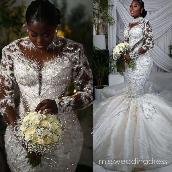 Aso Ebi Plus Size Ivory Mermaid Wedding Dress Lace Beaded Crystals Fulle Sleeves Sheer Neck Bridal Gowns Dresses Z10