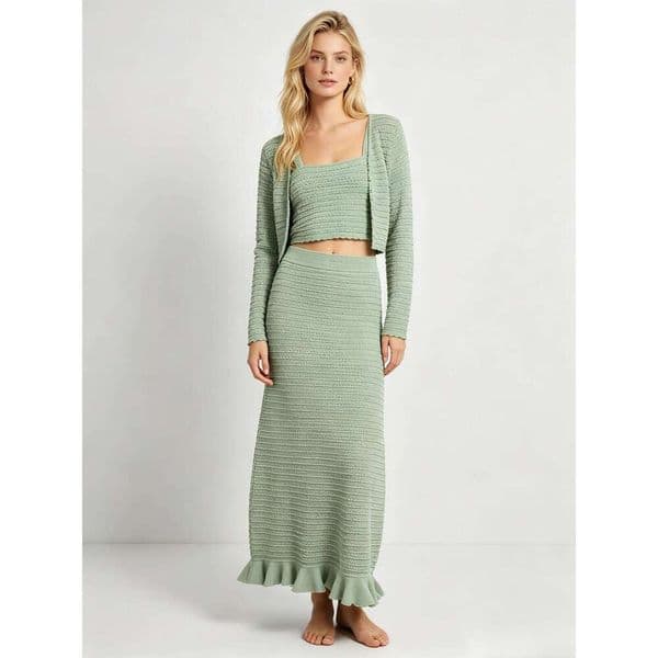 Designer Mint Green Knit 3-Piece Set, Cardigan Cami Top & Ruffle Hem Midi Skirt Casual Summer Outfit Mini Short Dress
