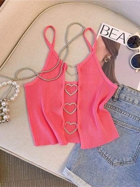 2026 Sexy Solid Ribbed Crop Sleeveless Top Back Heart Decor Cami for Women Perfect Spring Summer 260601