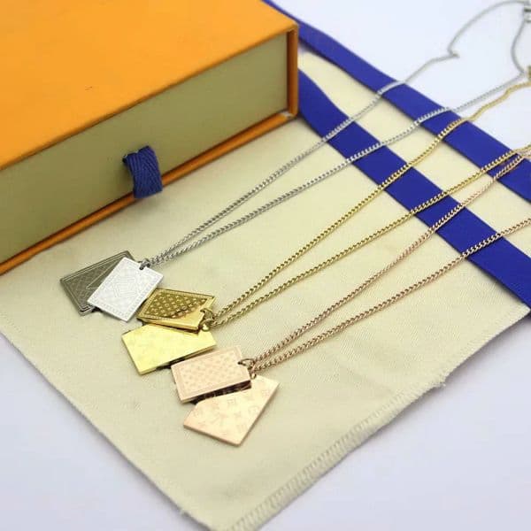Europe America Style Men Lady Women Titanium steel Lovers Long Necklace With Engraved V Initials Four Leaf Flower Double Square Pendants