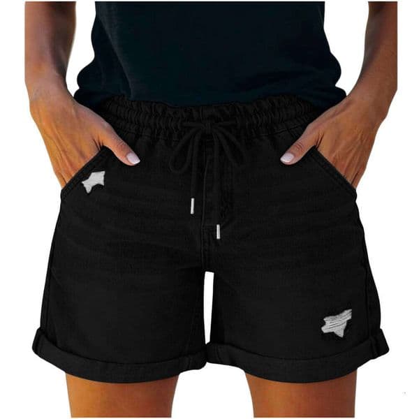 Women's Ripped Drawstring Double-Pocket Slim-Fit Sexy Denim Elastic Waist Shorts 807