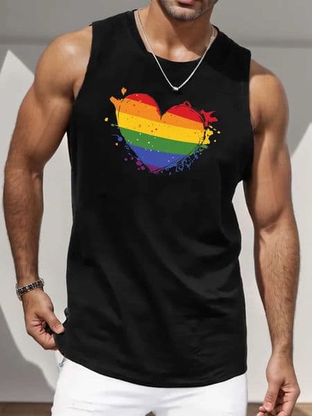 Printed Mens Cotton Vest - Sveless Casual Summer Fitness Sports Vest with Black and Colorful Pattern Design Tank Top D260601