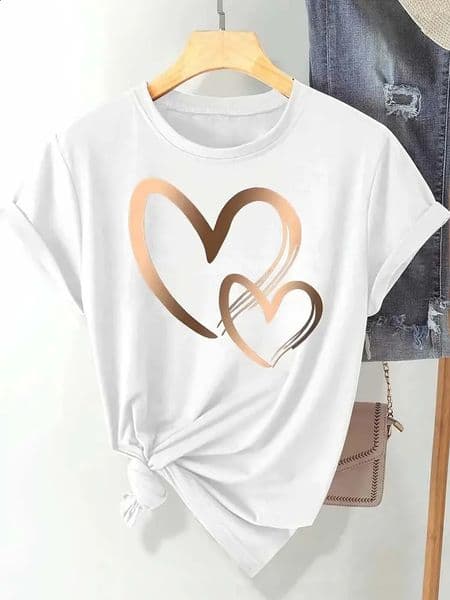 Summer Fashion Womens Heart Printed Tshirt Trendy Casual Round Neck Top Short Sleeves Women Clothing 260601