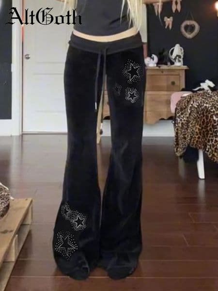 AltGoth Y2k Streetwear Gothic Velvet Pants Women Dark Cyber Punk Harajuku Grunge Pentagram Printed Low Waist Stright Pants Femme 260601