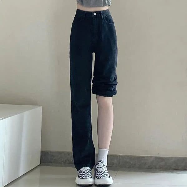 Autumn Korean-Style INS Vintage Loose-Fit Black Straight-Leg Jeans Womens Petite High-Waisted Slimming Wide-Leg Drag-Leg Pants 260529