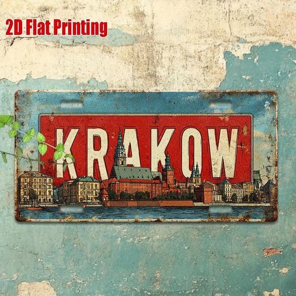 2D flat vintage metal license plate Krakow aluminum sign with historic Polish cityscape perfect for homes bars cafes garages 260601
