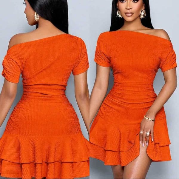 Womens Elegant Party Daytime Knitted Asymmetric Neckline Gathered Double Ruffled Mini DressL260530