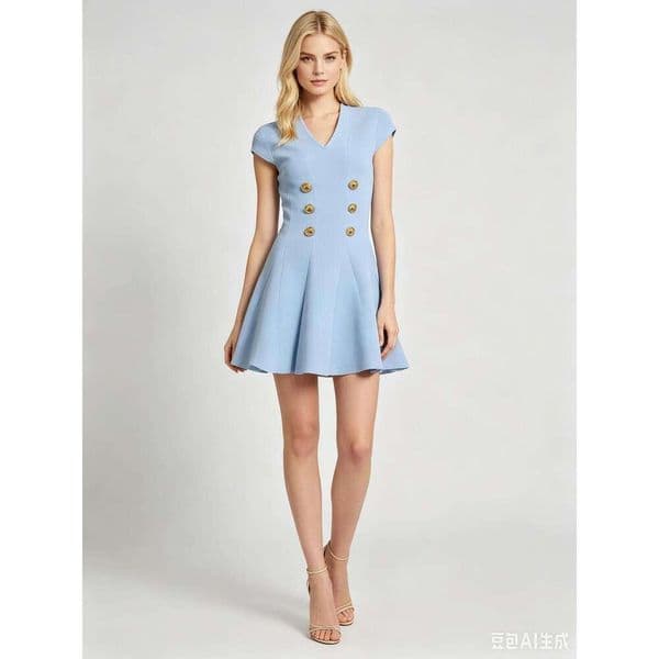 Designer Inspired Women's Knit Dress, Light Blue with V-Neck & Gold Double Buttons Slim Fit Elegant Casual Mini Dress Split Hem Fashion