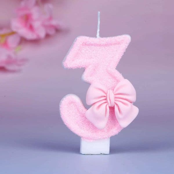 Pink Number Birthday Candles 0-9 with Bow - Glittery Cake Topper Decoration for Girls Party Anniversary DIY Celebration C260530