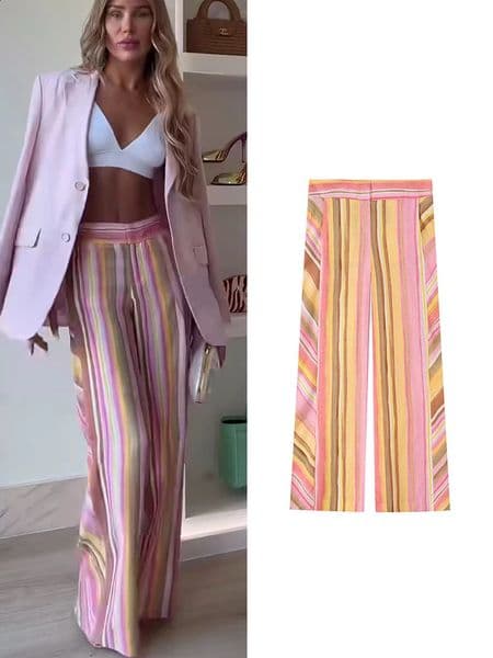 TFMLN Women Pant Sweet Striped Straight Colorful Multicolor Wide Leg Long Pants Casual Fashion Streetwear Ladies Outfit 260601