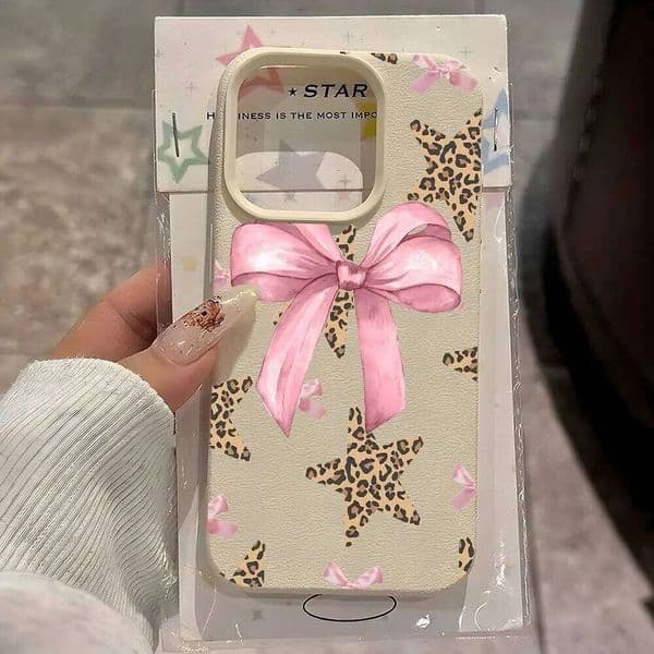Leopard Star Pink Bow Pattern Lychee Soft Phone Case For iPhone 16 13 12 11 Pro Max 15 14 Plus 17 Air X Xs XR Cover