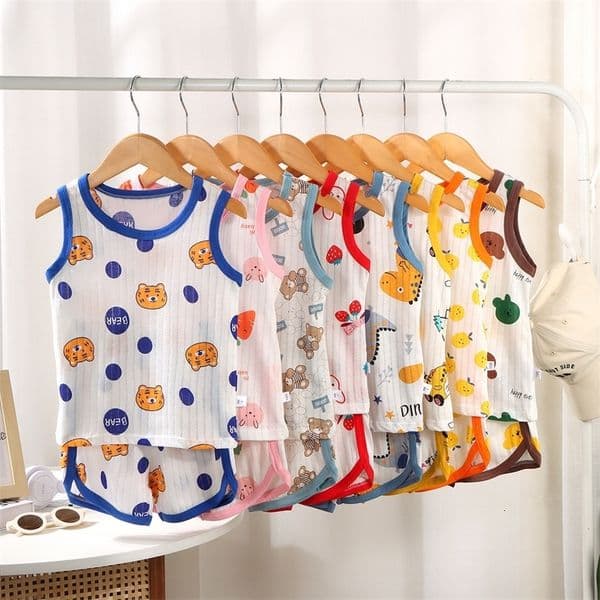 2026 Kids Sleeveless Set Summer Cotton Girls Shorts Pajamas Korean Style Boys Tank Top Outfit Children Clothing 260529