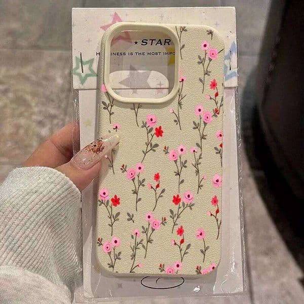 Pink Flower Pattern Lychee Texture Silicone Phone Case For iPhone 15 16 14 13 12 11 Pro Max Plus 17 Air Soft Cover